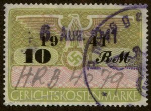 Germany 1941 10RM 3rd Reich Court Fee Revenue Gerichtskostenmarke Stamp 96050