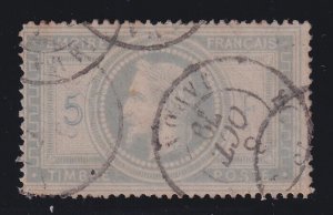 France, Yvert 33, 5fr Napoleon USED IN YOKOHAMA JAPAN, 1879 cancel (perf flaw)