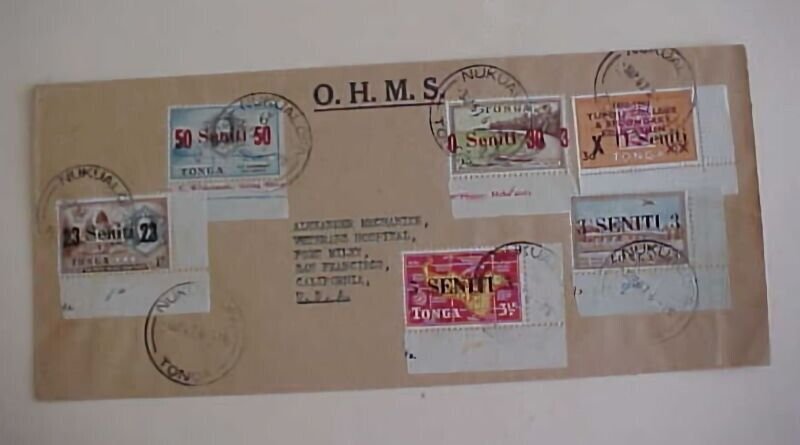 TONGA TIN CAN  APRIL 1967 OHMS TO USA WITH 6 DIFF.  STAMPS