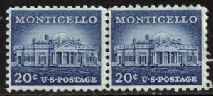 US Scott 1047, 1954 Liberty Issue 20c Pair Monticello used