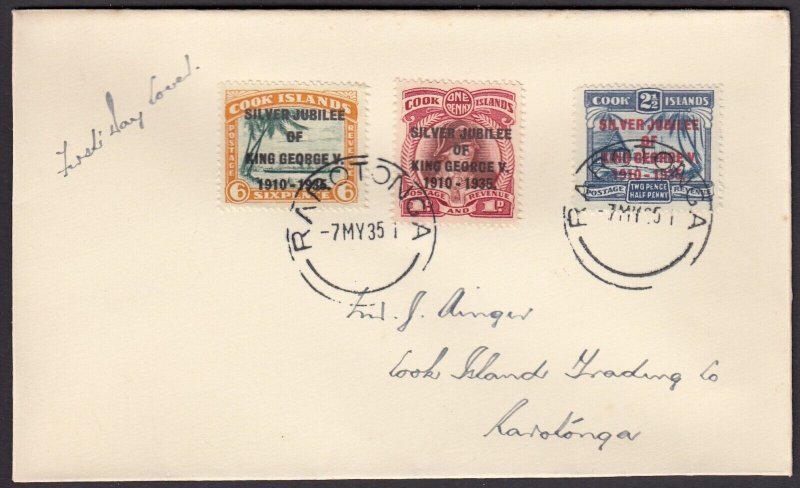 COOK ISLANDS 1935 Silver Jubilee, Set of 3 on FDC 