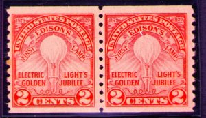 656 Edison's First Lamp 2¢ Coil Pair MNH 1928