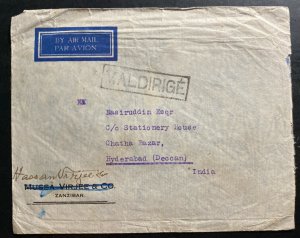 1938 Zanzibar Airmail Commercial Cover To Hyderabad India 