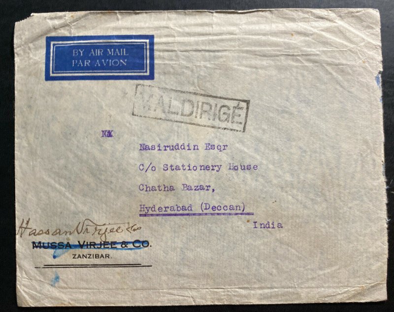 1938 Zanzibar Airmail Commercial Cover To Hyderabad India 