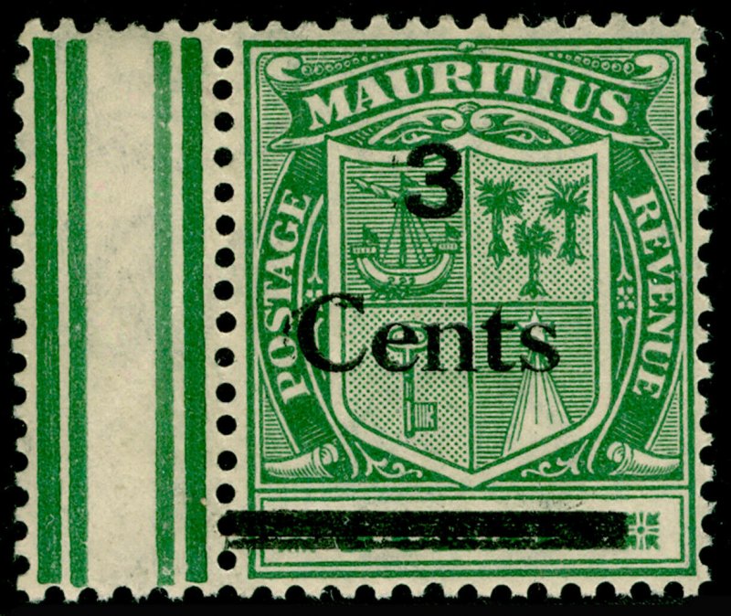 MAURITIUS SG242, 3c on 4c Green, UNMOUNTED MINT MARGINAL. 