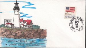T.M. Weddle Hand Colored FDC for the 1981 18c Flag and Anthem Lighthouse Coil