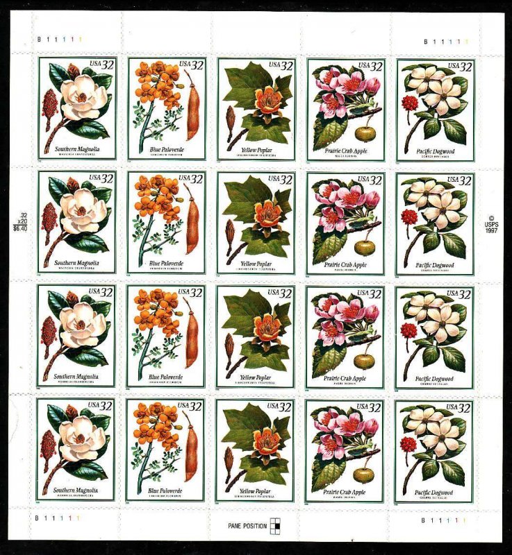 USA-Sc#3193-7- id12-unused NH sheet-Flowering Trees-1998-