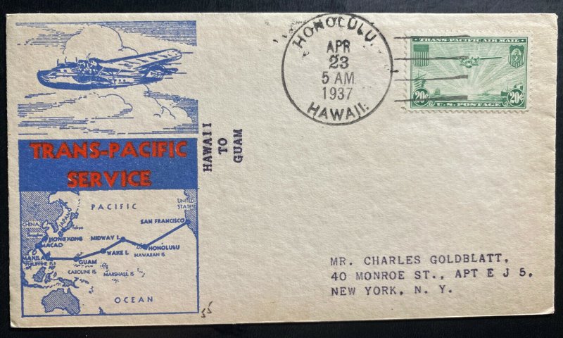 1937 Honolulu Hawaii First Flight Airmail Cover FFC to Guam Islands Trans Pacifi