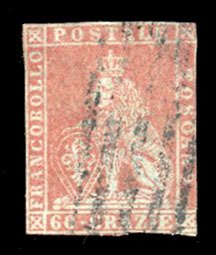 Italian States, Tuscany #9 Cat$27,500, 1852 60cr red, used, small faults, wit...