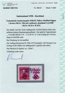 GERMANY OCC SUDETENLAND KARLSBAD MICHEL 58 TAB FIRST DAY USE PERFECT CERT BRUNEL