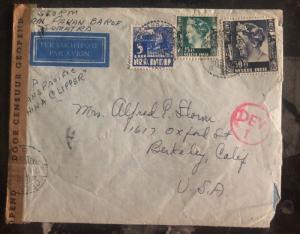 1941 Sumatra Netherlands Indies Censored Cover Transpacific China Cliper To USA