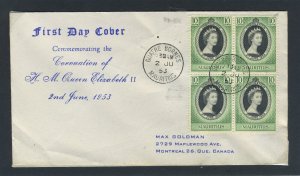Mauritius 1953 QEII Coronation block of four on First Day Cover.
