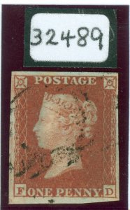 SG 11 1852 1d lake-red on blued paper, plate 147 lettered FD. Very fine used... 