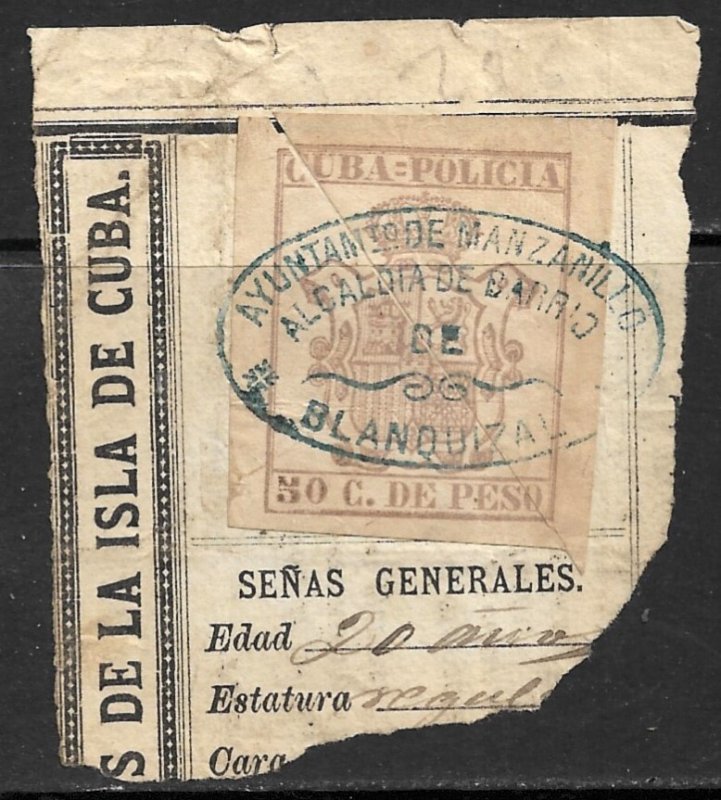 CUBA 1881 50c Police Documents Revenue 2 Bisects on BLANQUIZAL Piece BP312 VFU
