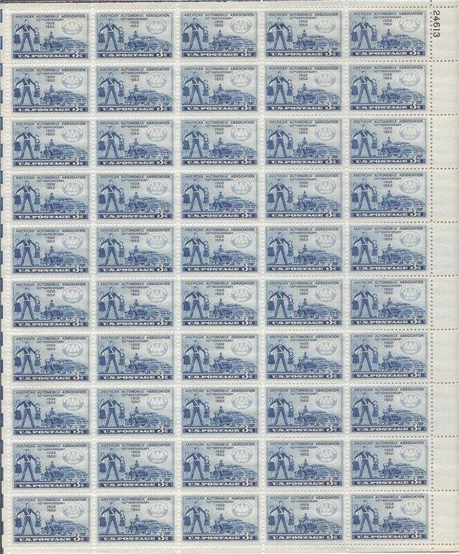 US Stamp - 1952 AAA 50th Anniversary - 50 Stamp Sheet - Scott #1007 ...