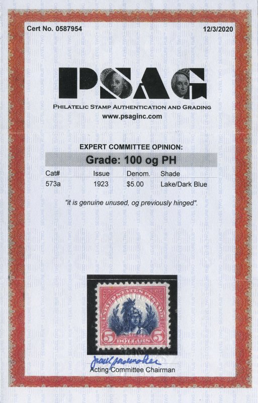 Scott #573a Finest known carmine lake & dark blue shade! 2020 PSAG cert GEM-100!