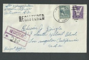 1943 Regstd To Artesian SD To LA 15c Prexy Used To Pay 18c Rate W/3c Win The War