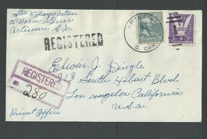 1943 Regstd To Artesian SD To LA 15c Prexy Used To Pay 18c Rate W/3c Win The War