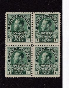 CANADA BOB # MR1 VF-MNH 1 MLH KGV 2cts WAR TAX BLOCK OF 4 CAT VALUE $400