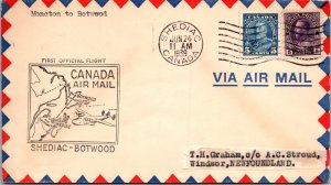 1939 Shediac Canada via Airmail FFC First Flight Cover to Windsor Newfoundland