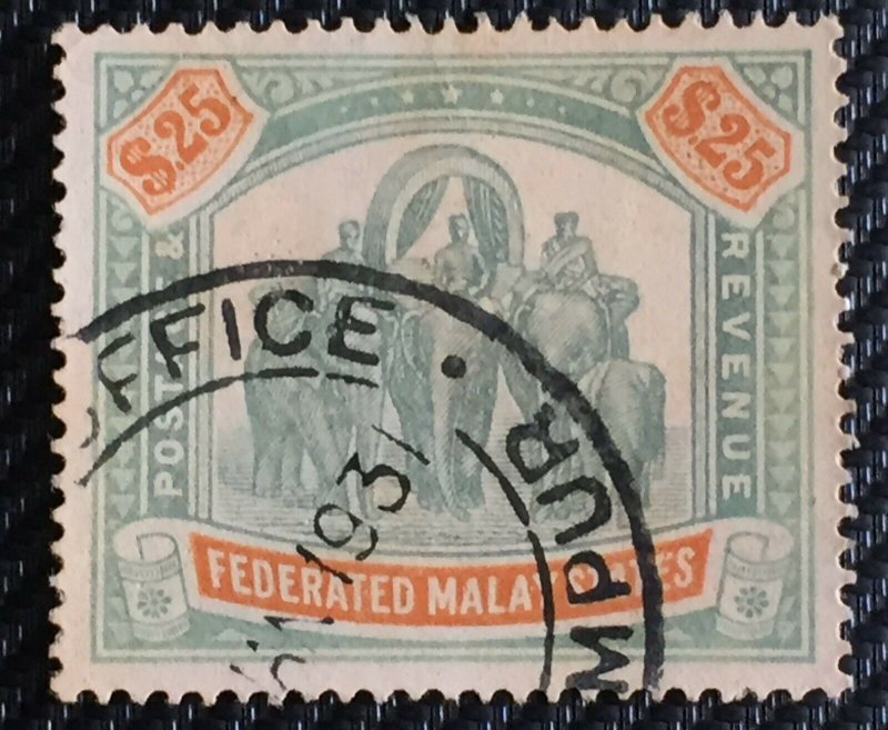 Malaya Federated Malay States FMS 1928 Elephants $25 Used MSCA SG#82 M3272