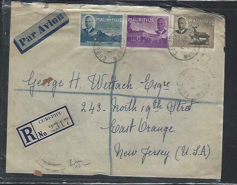 MAURITIUS COVER (P1311B) 1950 KGVI 5C+35C+1R REG A/M COVER FROM CUREPIPE TO USA