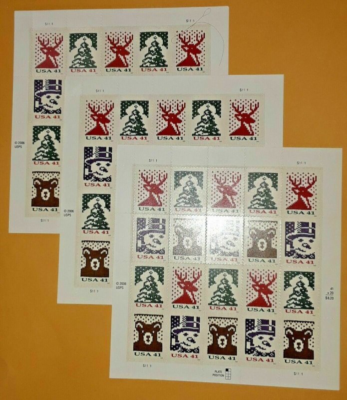 Three Panes x 20 = 60 of CHRISTMAS KNITS 41¢ US Postage Stamps. USA Sc 4207-4210