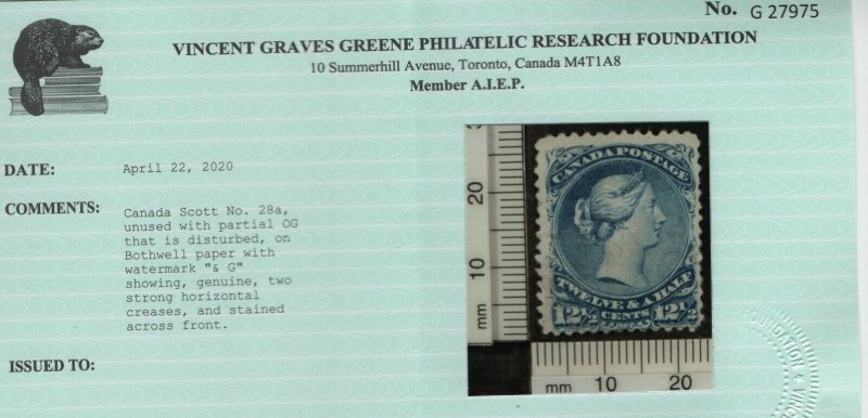 Canada #28a Mint Fine Watermarked Large Part Original Gum **With Certificate**