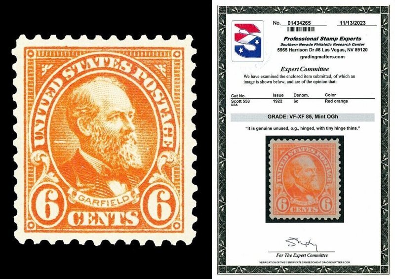 Scott 558 1922 6c Garfield Perf 11 Issue Mint Graded VF-XF 85 H with PSE CERT
