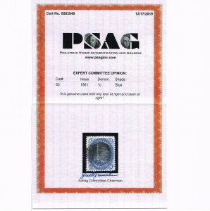 GENUINE SCOTT 63 F-VF USED PSAG CERT 1861 BLUE WITH SEGMENTED CORK CANCEL #14107