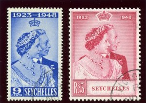 Seychelles 1948 KGVI Silver Wedding set complete VFU. SG 152-153. Sc 151-152.