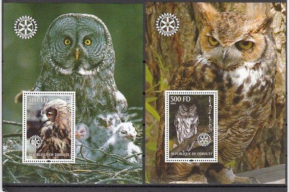 Djibouti, 2004 Cinderella issue. Various Owls on 2 s/sheets. Rotary Logo