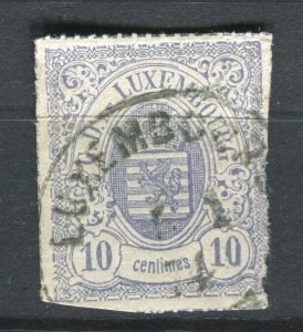 LUXEMBOURG; 1865 classic rouletted Arms issue used Shade of 10c. value