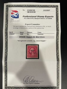US stamp scott# 647 Hawaii 2c 1928 Mint NH MNH PSE cert Grade Superb 98 $375