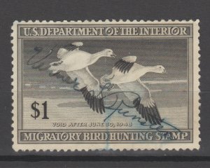 RW14 Hunting Permit Stamp Snow Geese 1947-48 Used Signed Crease