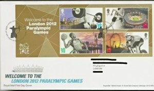 29/8/2012 WELCOME TO LONDON PARALYMPICS M/SHEET FDC-TALLENTS HOUSE PMK+INSERT