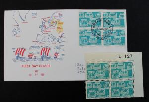 Denmark #455 MNH Plate # Block of 4, #455 FDC Feb 28, 1969