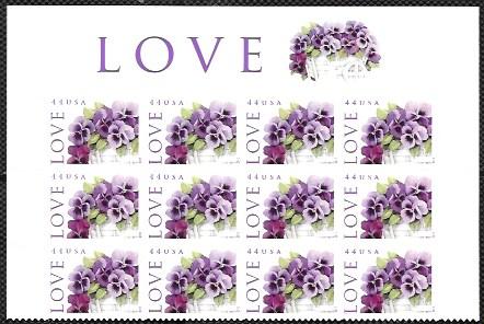 US #4450  LOVE. Pansies in a Basket.  Partial sheet of 12 with top panel.
