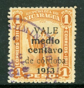 Nicaragua 1913 Gold Liberty ½¢/1 Peso Black Overprint Sc 313 VFU Q508