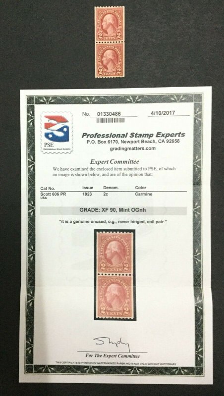 MOMEN: US STAMPS #606 COIL PAIR MINT OG NH **PSE GRADED 90** SMQ $50 LOT #34141