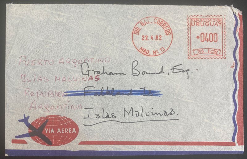 1982 Montevideo Uruguay Meter Cancel Cover To Maldives Falkland Island Argentian 