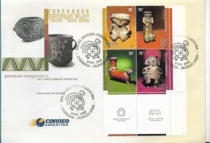 ARGENTINA 2000 NATIVE PEOPLE, PRE-COLUMBIAN ART, ARCHEOLOGY, BLOCK OF FOUR FDC