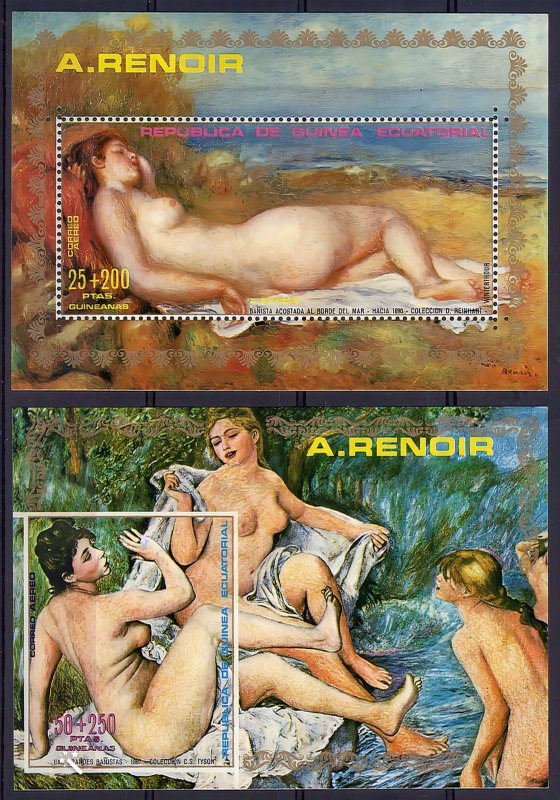 Equatorial Guinea 1973 RENOIR FAMOUS NUDES PAINTINGS 2 Souvenir Sheets Mi#B.55/6