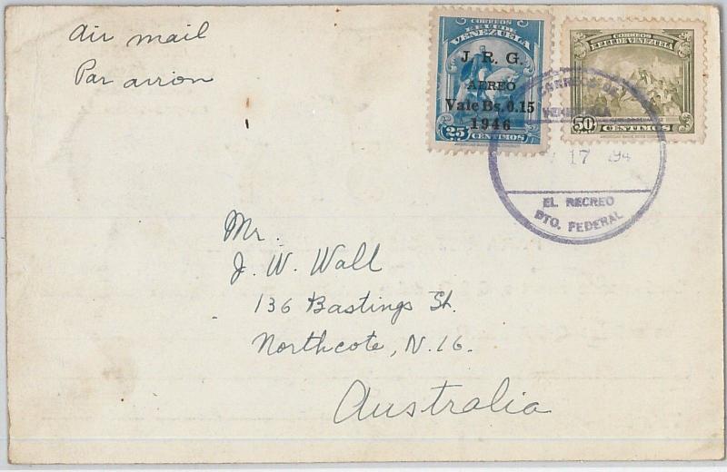 58731 -  VENEZUELA  - POSTAL HISTORY: POSTCARD to  AUSTRALIA  1934