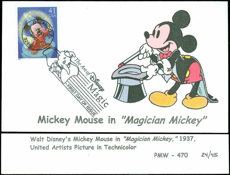 8/16/07 Orlando FL Cds, Hand Painted DISNEY MAGICIAN MICKEY, #4192 FANTASIA FDC!