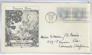 US 796 1937 5c Virginia Dare (pair) on an addressed FDC with a Historic Arts cachet