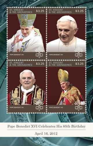 St. Vincent 2015 - Pope Benedict XVI 85th Birthday - Sheet of 4 Stamps - MNH