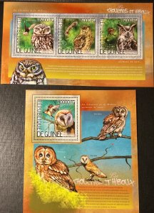 REPUBLIC OF GUINEA 2014. Owls. 2 Blades Block (1 HB 3v + 1 HB 1v) NHM-