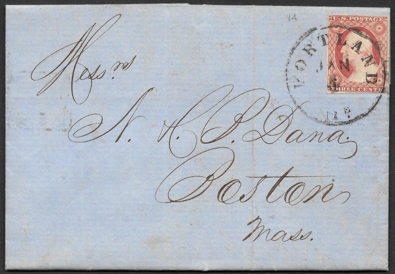 Doyle's_Stamps: 1853 Cover Maine to Mass. Postal History w/Scott #11A