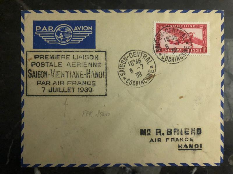 1939 Saigon Laos Hanoi Vietnam First Flight Cover via Air France FFC 200 Flown